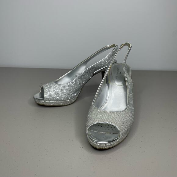 Worthington Pump Heels Slingback Ankle Strap Open Toe‎ Studded Silver Size 6.5 - Picture 2 of 12